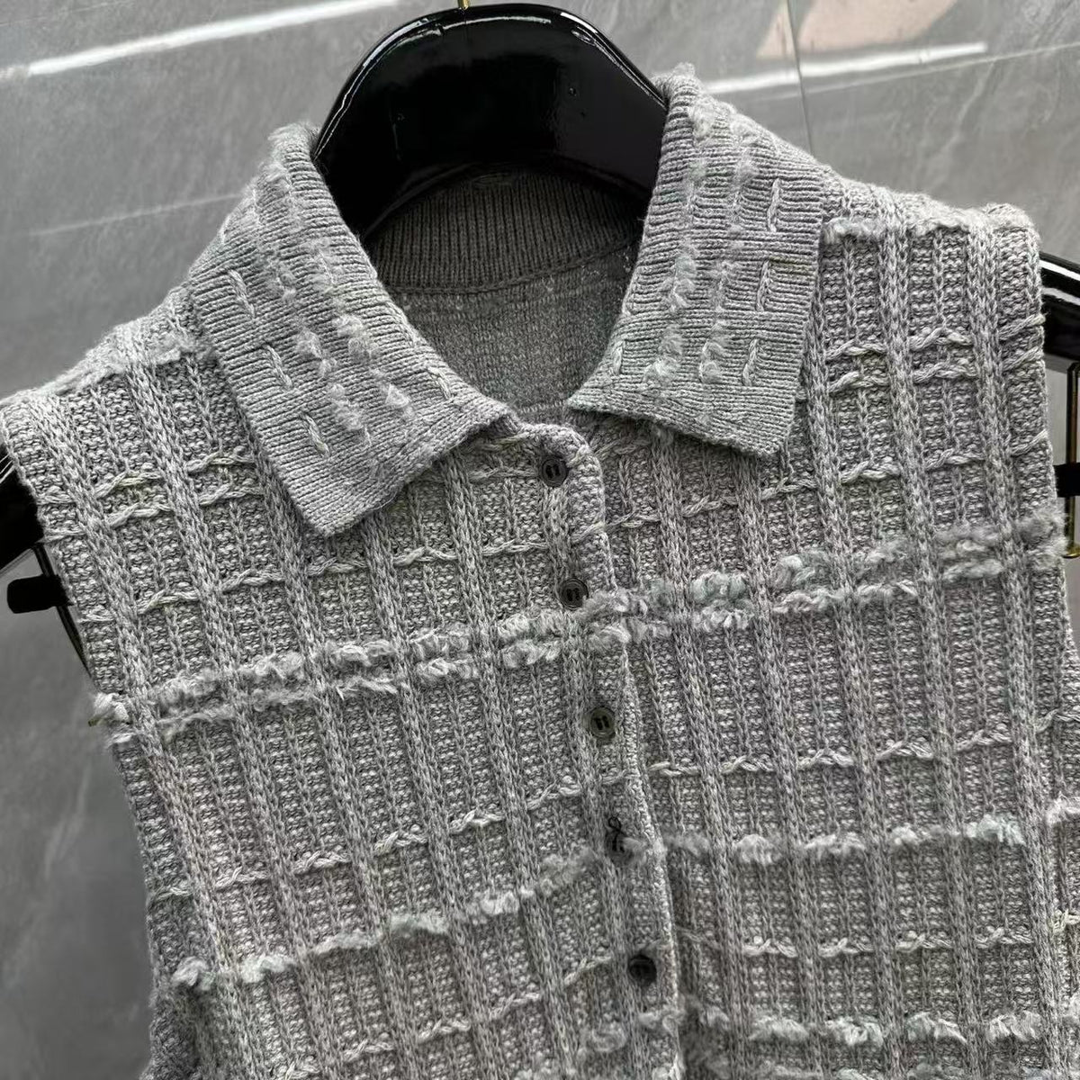 Thom Browne Style Gray Tweed Jacquard Sleeveless Polo Dress