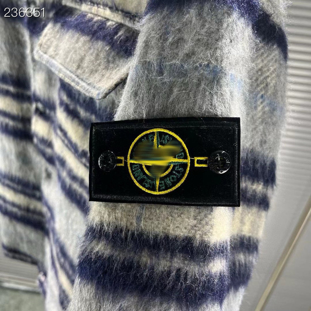 Stone Island Plaid Wool-Blend Compass Badge Lapel Coat - Khaki product detail view