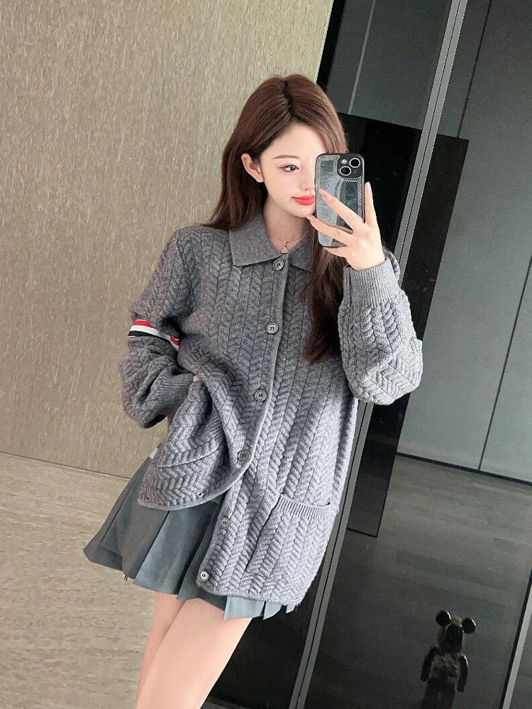 Unisex Herringbone Cardigan Jacket by Thom Browne, outerwear detail view