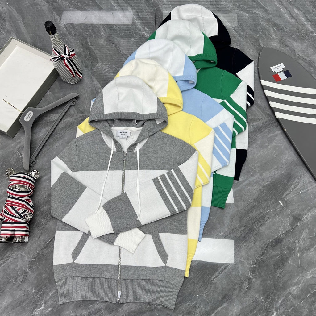 Thom Browne Style Striped Dog-Motif Zip-Up Knit Hoodie