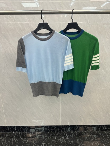 Color-Block Crew-Neck Short-Sleeve Knit Top