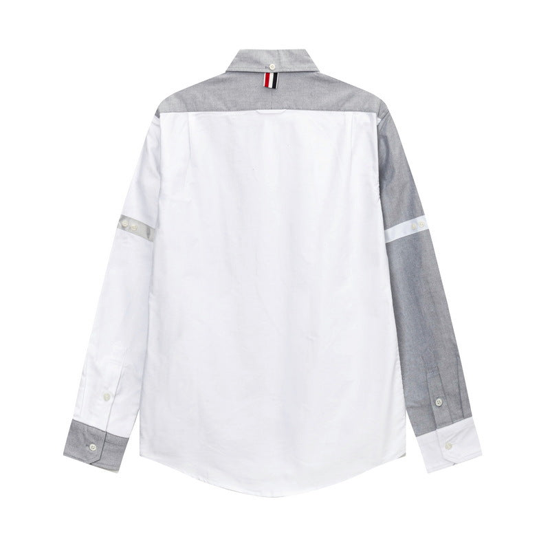 Men's Puppy Print Long-Sleeve Shirt — Back Slit, Gray & White by Thom Browne, shirt detail view
