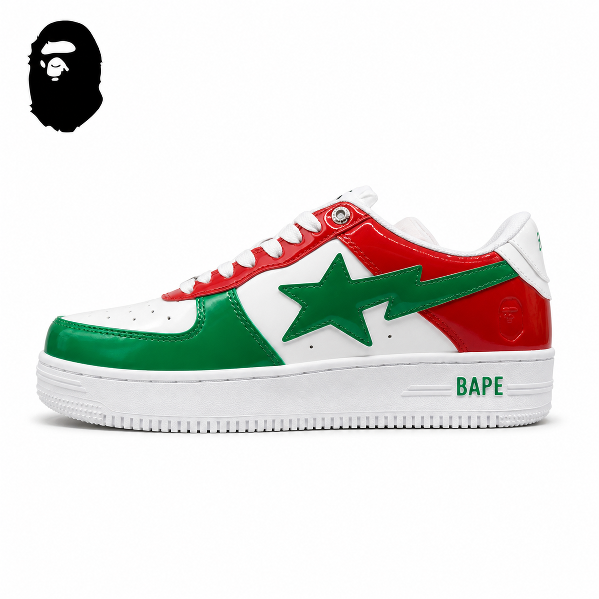 BAPE STA Low-Top Sneakers - Green/Red/White, single side view on a white background