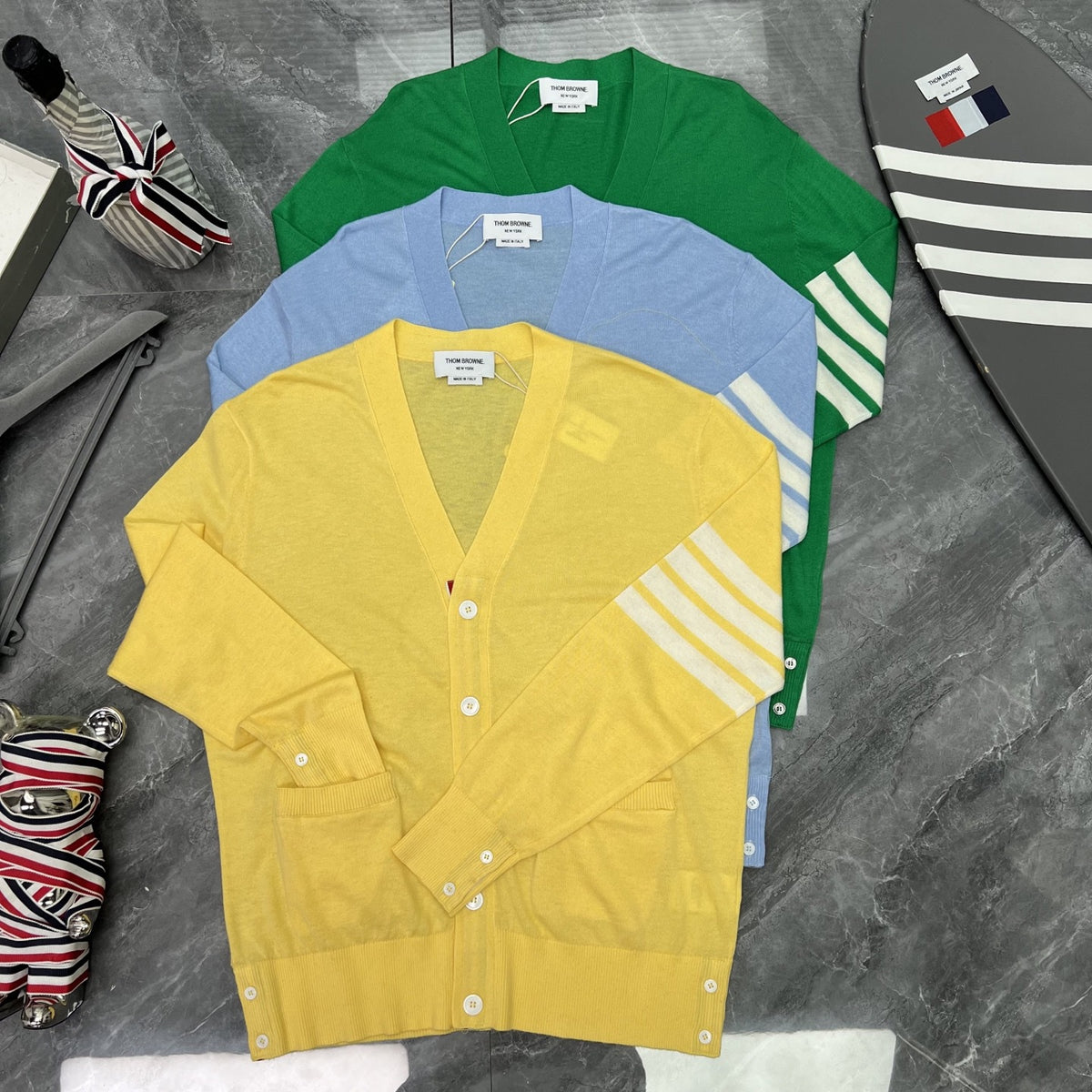 Thom Browne Unisex V-Neck Knit Cardigan with Four-Bar Stripes