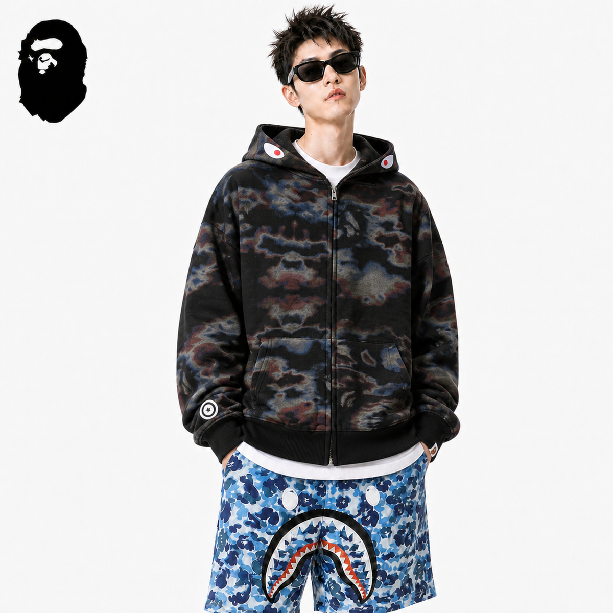 BAPE Color Camo Shark Zip Hoodie - Black & Yellow styled on a male model