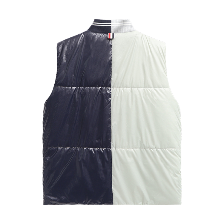 Unisex Shiny Colorblock Baseball Collar Vest by Thom Browne, outerwear detail view