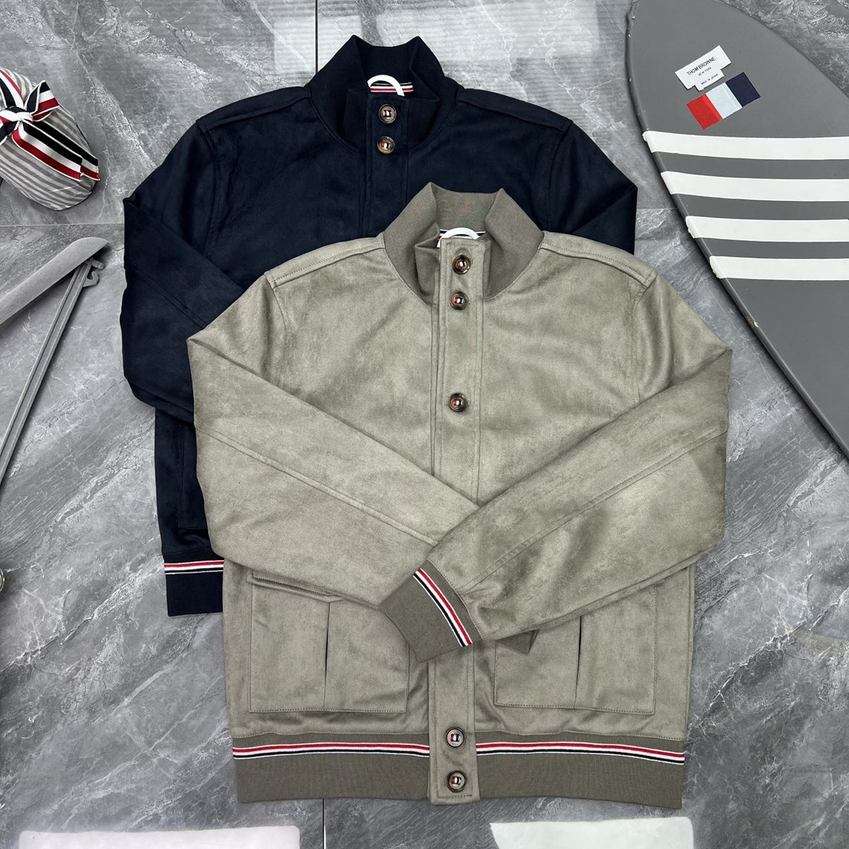 Thom Browne Men's Stand-Collar Button Jacket with Stripe Trim