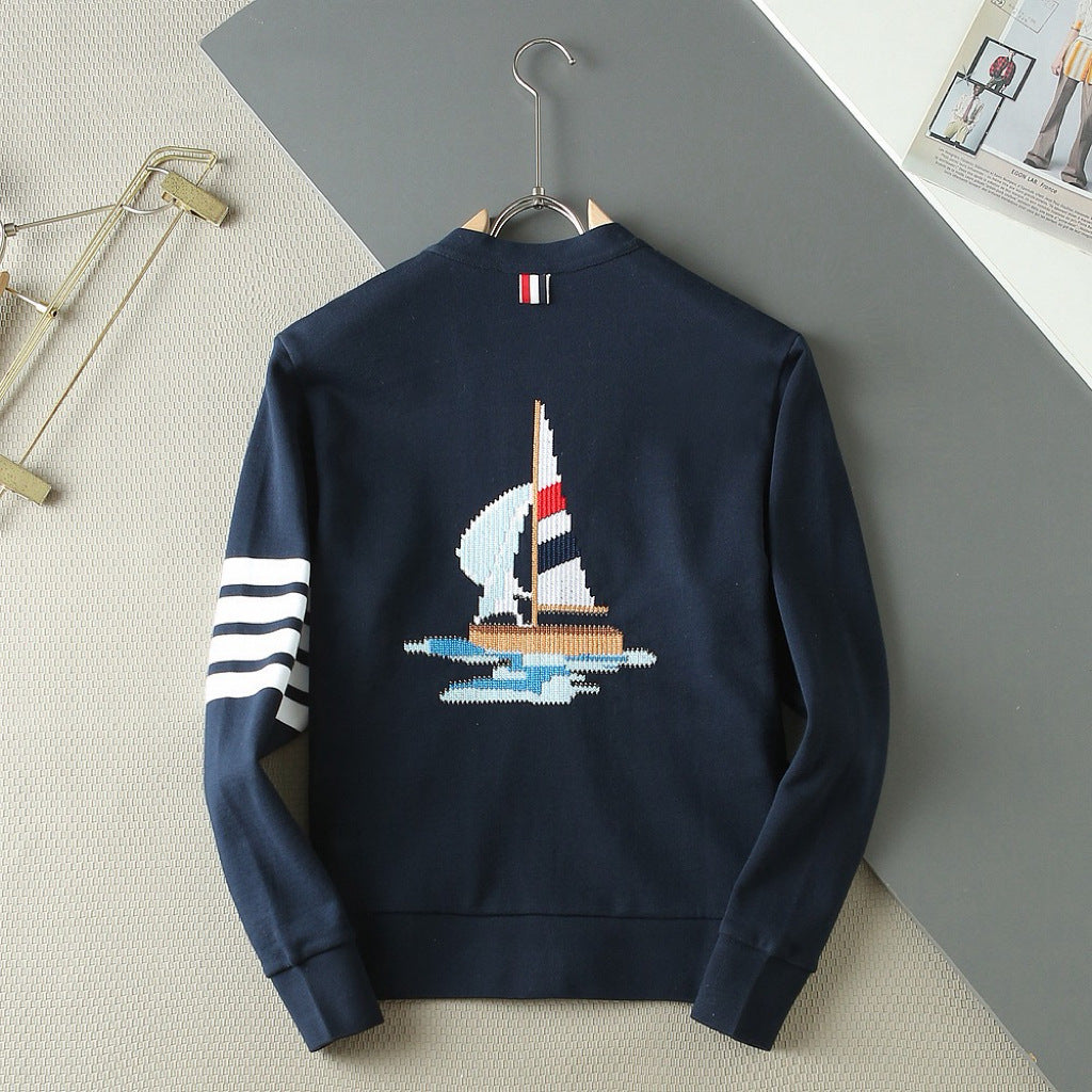Thom Browne Unisex Sailboat V-Neck Cardigan with Four-Bar Stripes