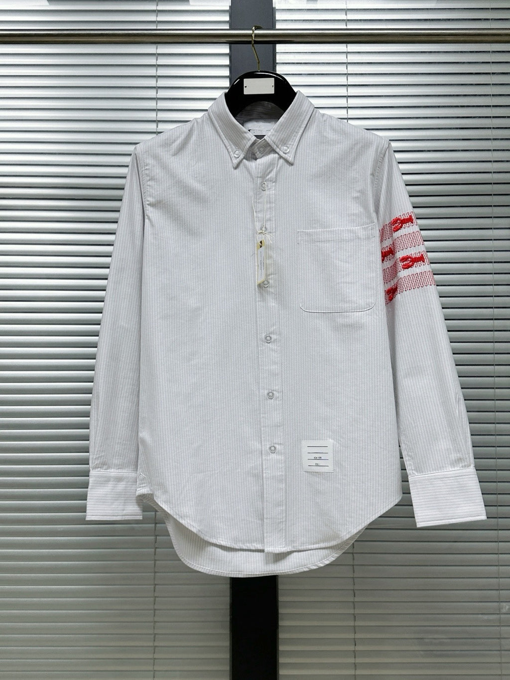 Thom Browne Men's Fine-Stripe Shirt with Lobster Four-Bar Embroidery