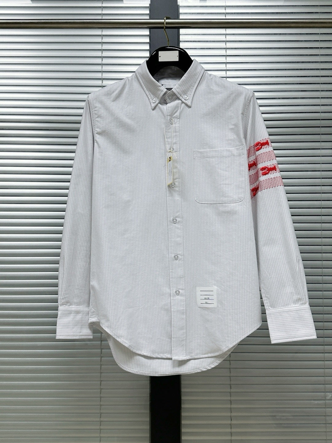 Thom Browne Men's Fine-Stripe Shirt with Lobster Four-Bar Embroidery