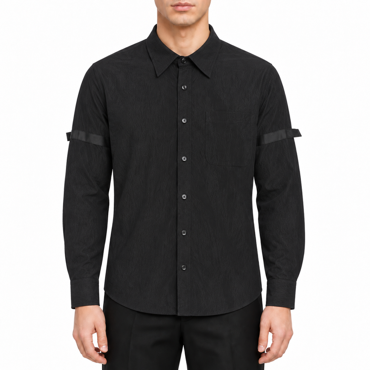Men's shirt by Thom Browne, modeled on a pure white background
