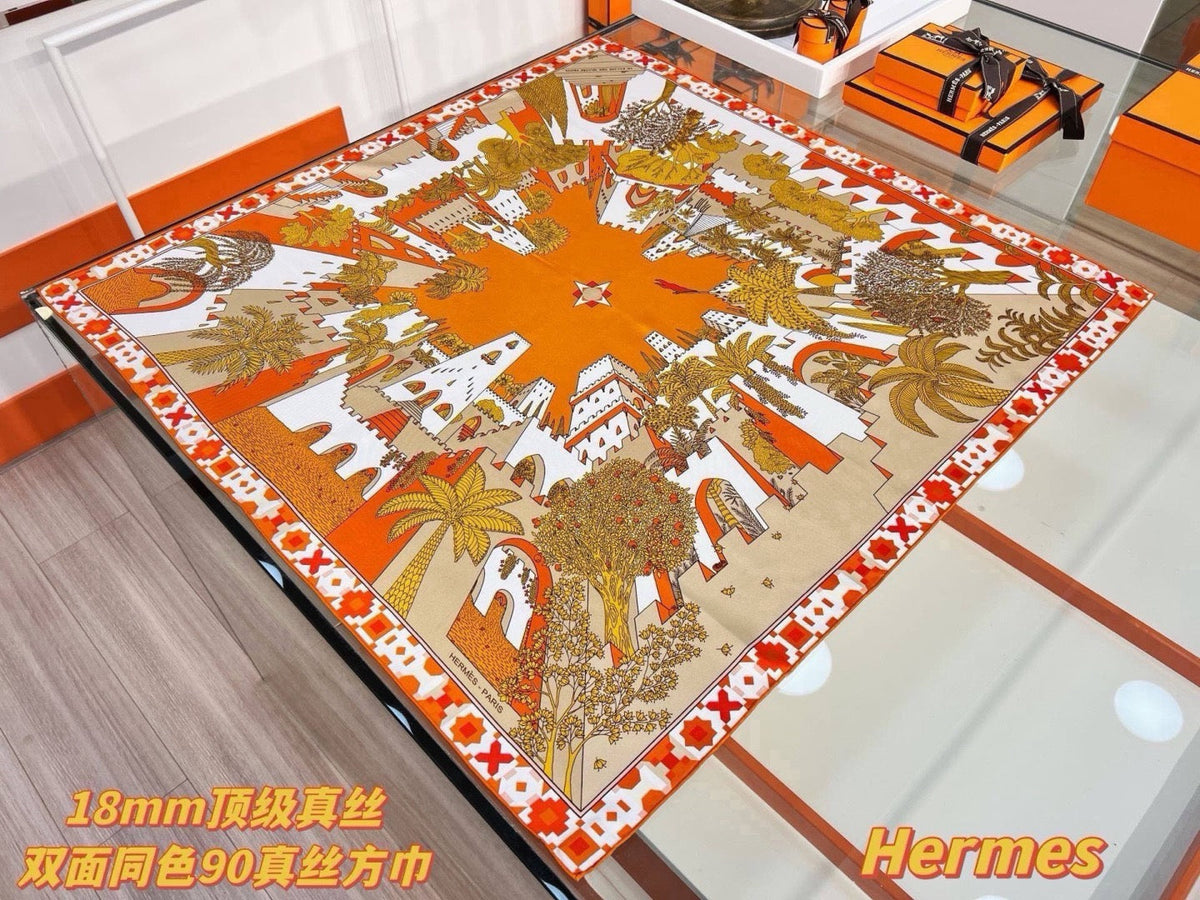 Hermes Style Palace of the Four Winds Double-Sided Silk Scarf - Orange - Detail Image 2