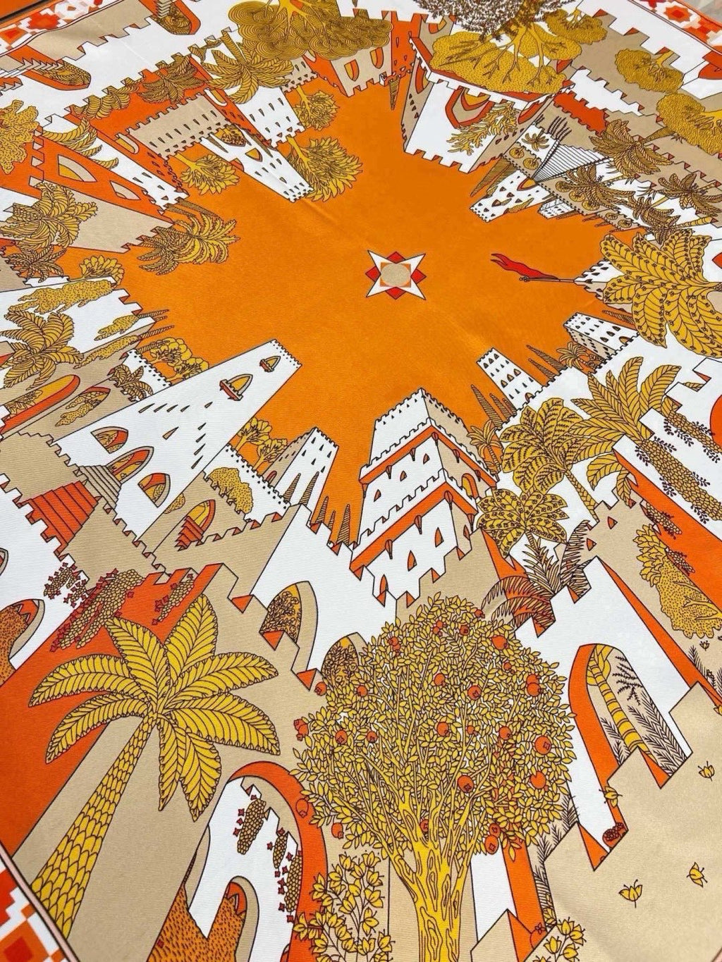 Hermes Style Palace of the Four Winds Double-Sided Silk Scarf - Orange - Detail Image 5
