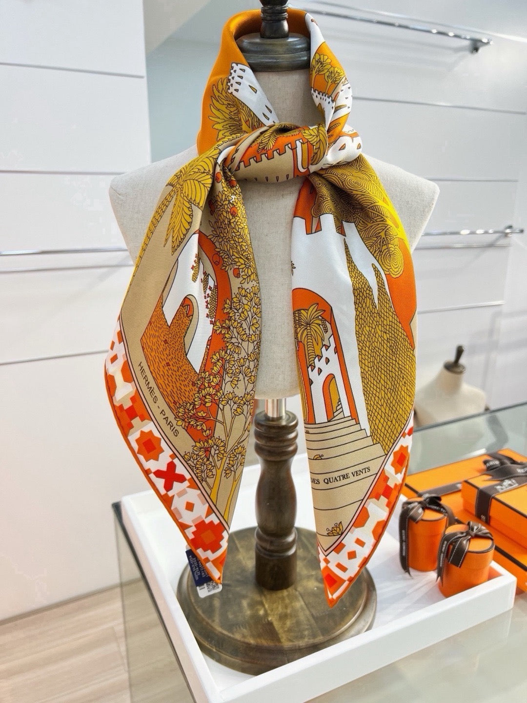 Hermes Style Palace of the Four Winds Double-Sided Silk Scarf - Orange - Detail Image 8
