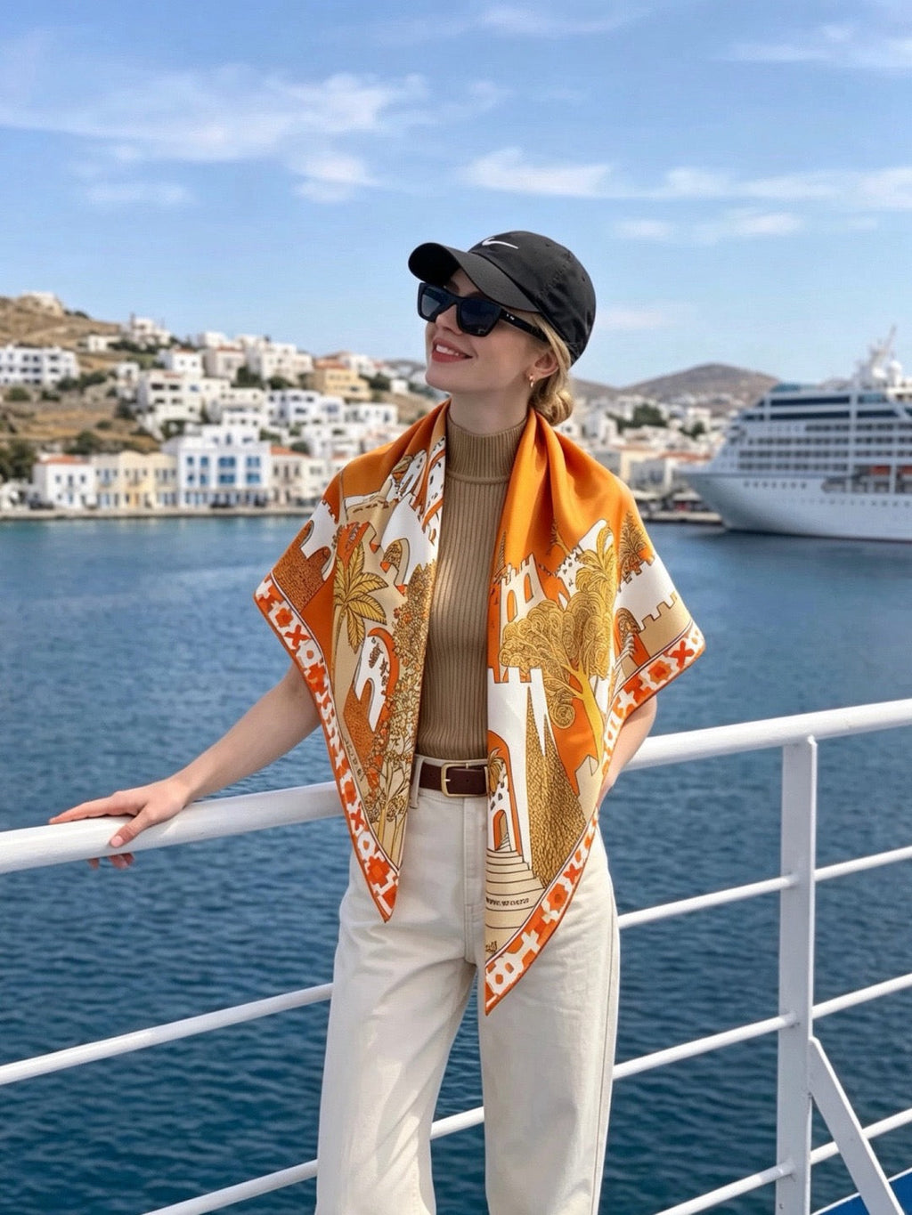 Hermes Style Palace of the Four Winds Double-Sided Silk Scarf - Orange - Model Worn Main Image