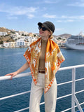 Hermes Style Palace of the Four Winds Double-Sided Silk Scarf - Orange - Model Worn Main Image