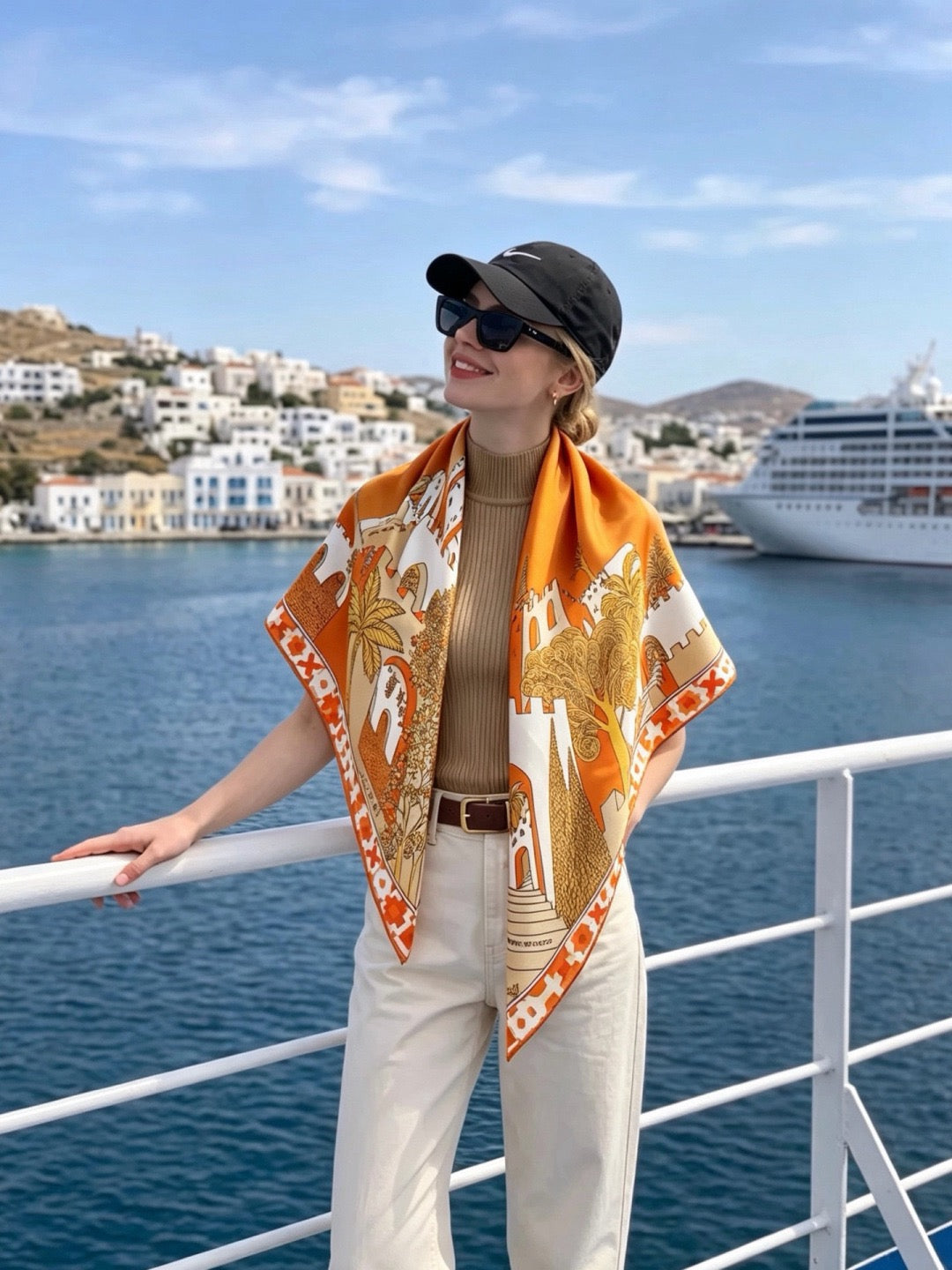 Hermes Style Palace of the Four Winds Double-Sided Silk Scarf - Orange - Model Worn Main Image