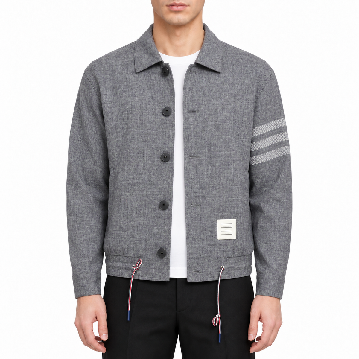 Men's 4 - Bar Casual Jacket with Signature Grosgrain Detail by Thom Browne, modeled on a pure white background