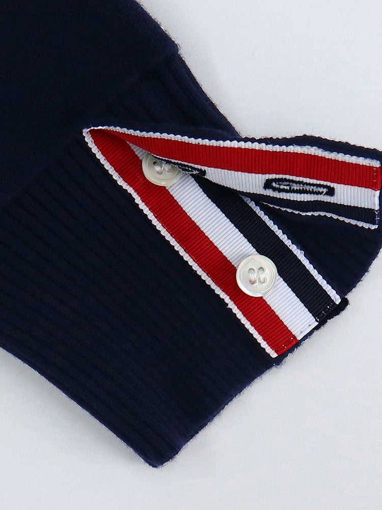 Intarsia Knit Cardigan — Unisex Four-Stripe Badge Sweater by Thom Browne, outerwear detail view