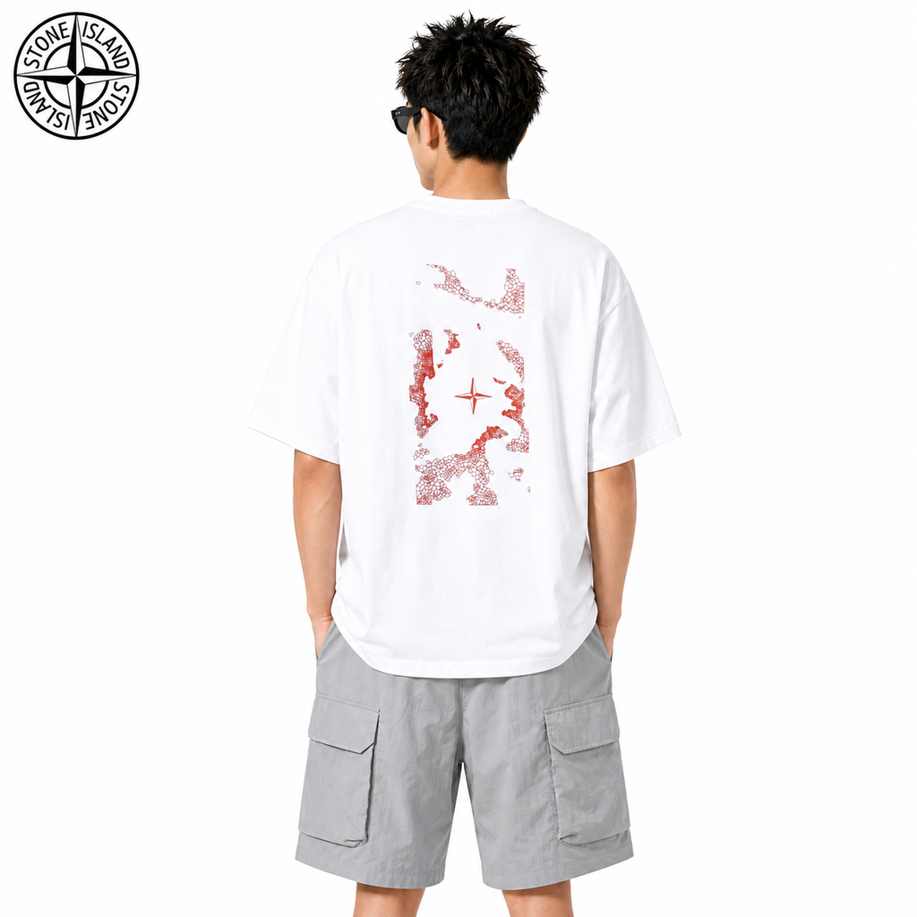 Stone Island Red Mosaic Compass Back Graphic Cotton T-Shirt on male model - back view