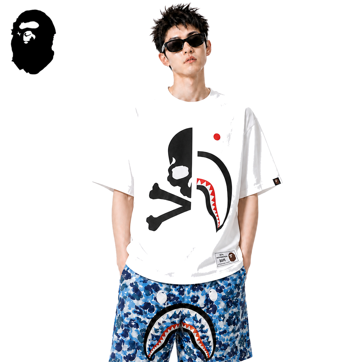 BAPE x Mastermind Half Shark Men's T-Shirt - White - White streetwear model on pure white background