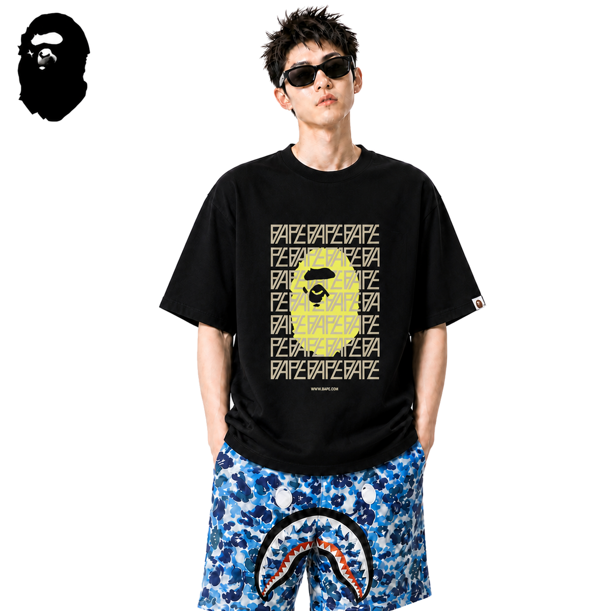BAPE Monogram Ape Head Men's Graphic T-Shirt - Black - Black streetwear model on pure white background