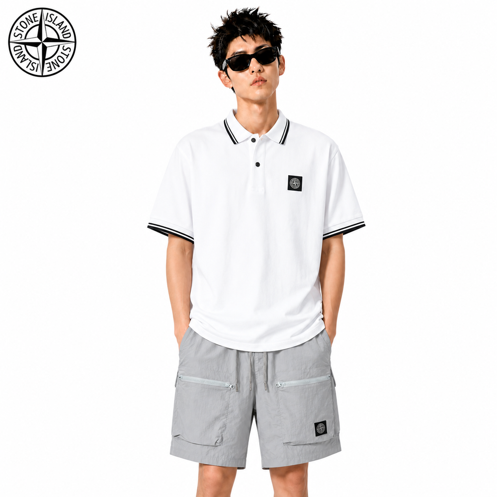 Stone Island Compass Badge Contrast Trim Polo Shirt on male model - front view