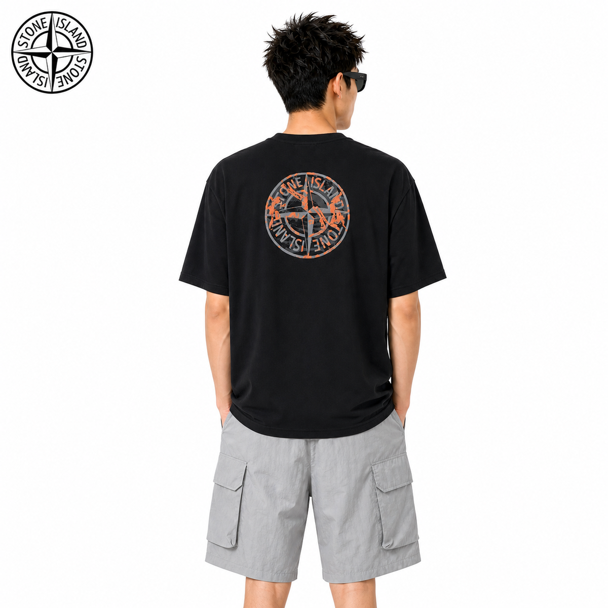 Stone Island Orange Overlay Compass Back Graphic T-Shirt on male model - back view