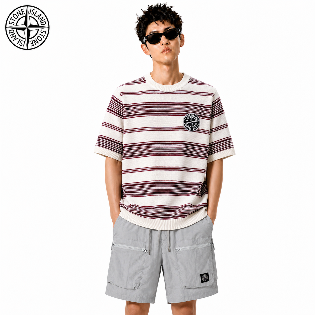 Stone Island Compass Badge Striped Knit T-Shirt on male model - front view