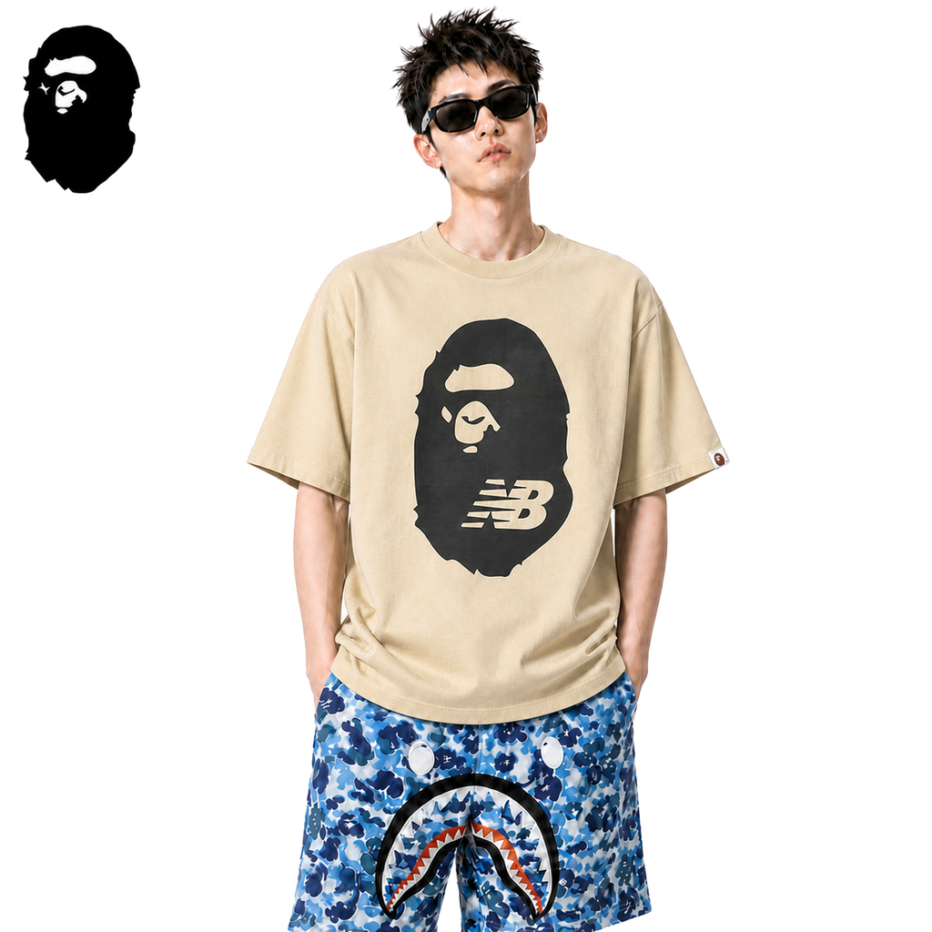 BAPE x New Balance Ape Head Men's T-Shirt - Apricot - Apricot streetwear model on pure white background