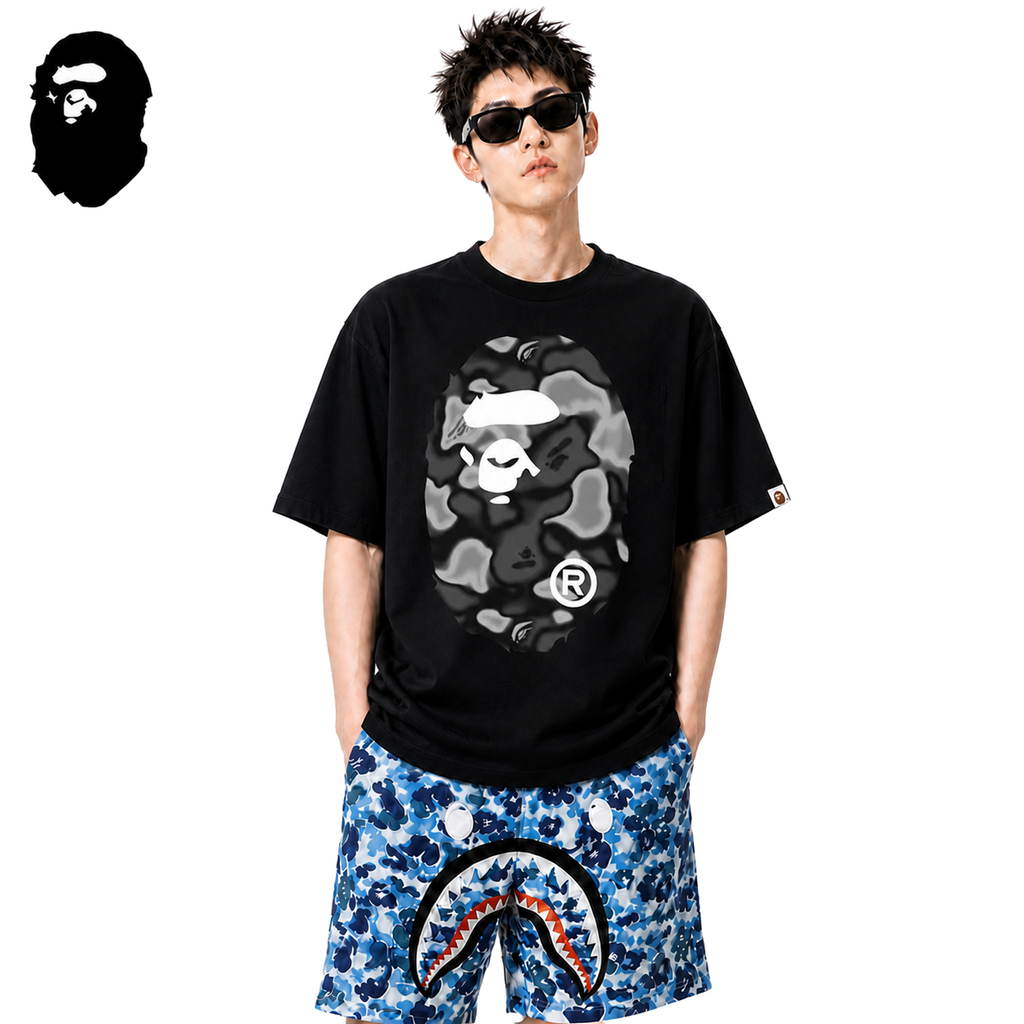 BAPE Gray Liquid Camo Big Ape Head Men's T-Shirt - Black - Black streetwear model on pure white background
