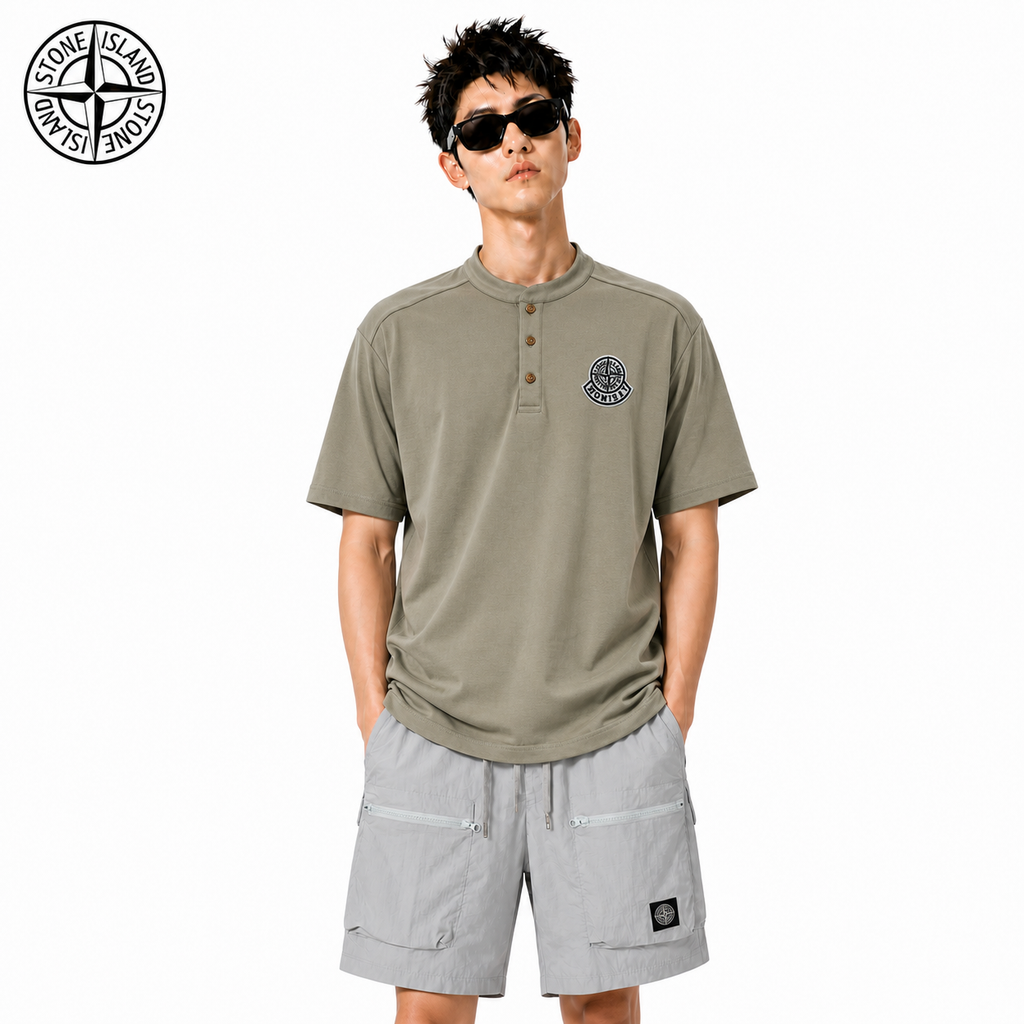 Stone Island Compass Badge Henley Cotton T-Shirt on male model - front view