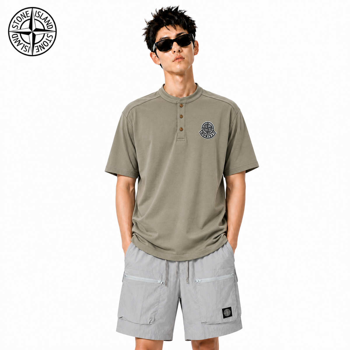 Stone Island Compass Badge Henley Cotton T-Shirt on male model - front view