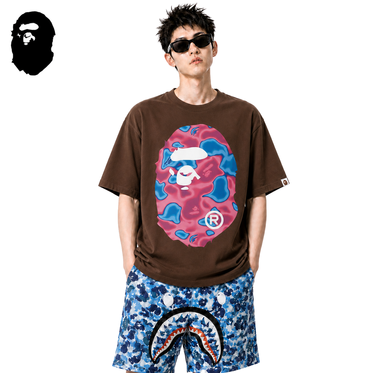 BAPE Pink Liquid Camo Big Ape Head Men's T-Shirt - Brown - Brown streetwear model on pure white background