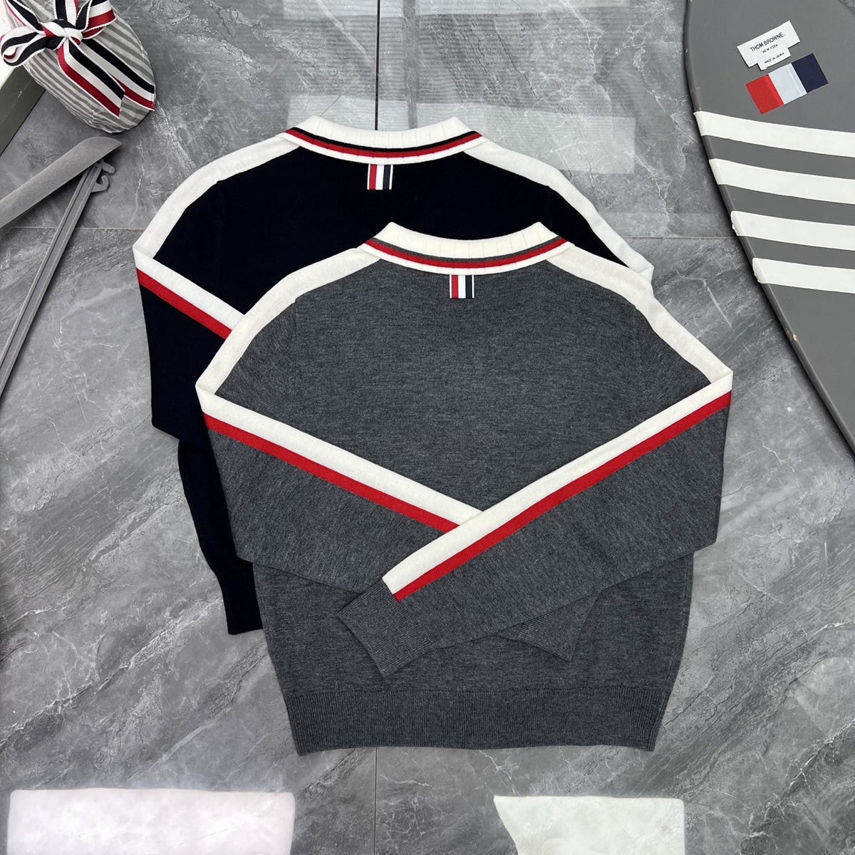 Thom Browne Style Contrast-Stripe Zip-Up Knit Jacket