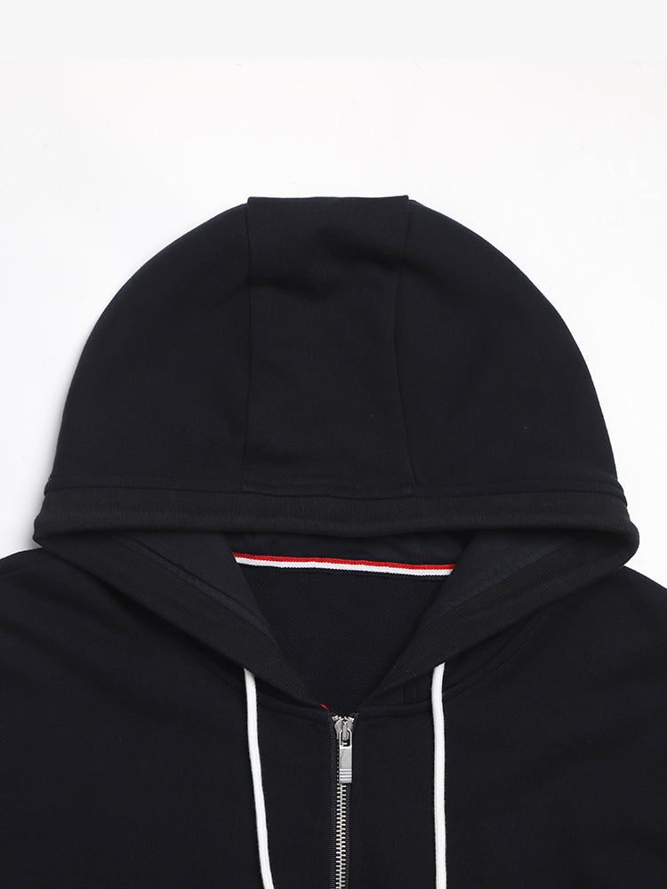 Colorblock Four-Bar Hoodie by Thom Browne, garment detail view