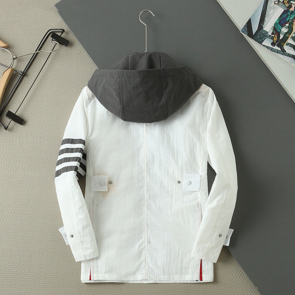 Thom Browne Unisex Detachable-Hood Jacket with Four-Bar Stripes