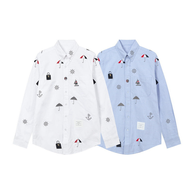 Men's Nautical Print Long-Sleeve Shirt — White & Blue by Thom Browne, shirt detail view