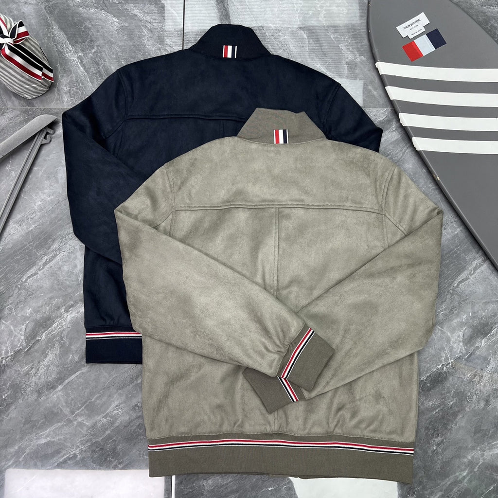 Thom Browne Men's Stand-Collar Button Jacket with Stripe Trim