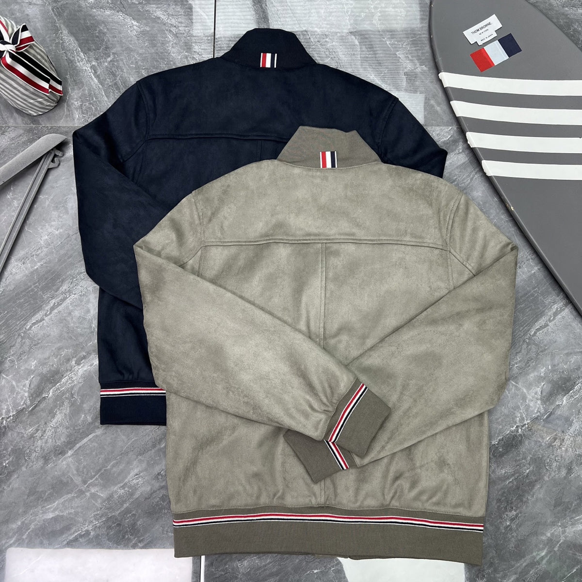 Thom Browne Men's Stand-Collar Button Jacket with Stripe Trim