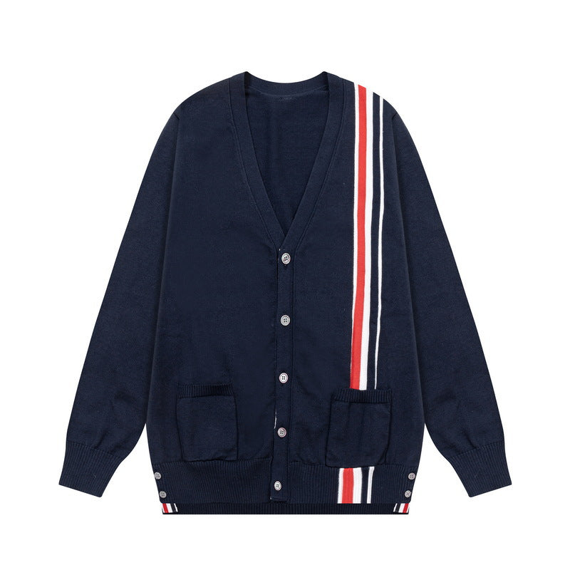 Men's cardigan by Thom Browne, knitwear detail view