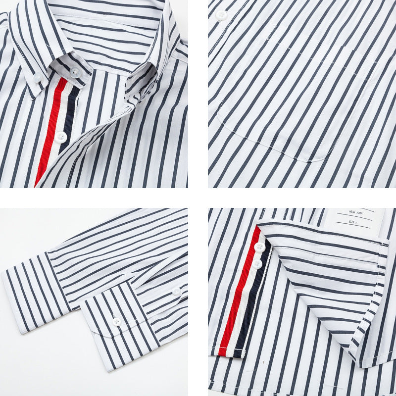 Classic Four-Bar Black & White Striped Patchwork Shirt - Premium Designer by Thom Browne, shirt detail view
