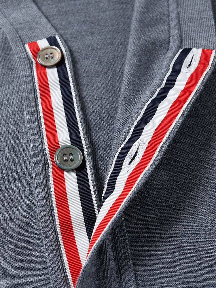 Unisex V-neck thin cardigan by Thom Browne, knitwear detail view
