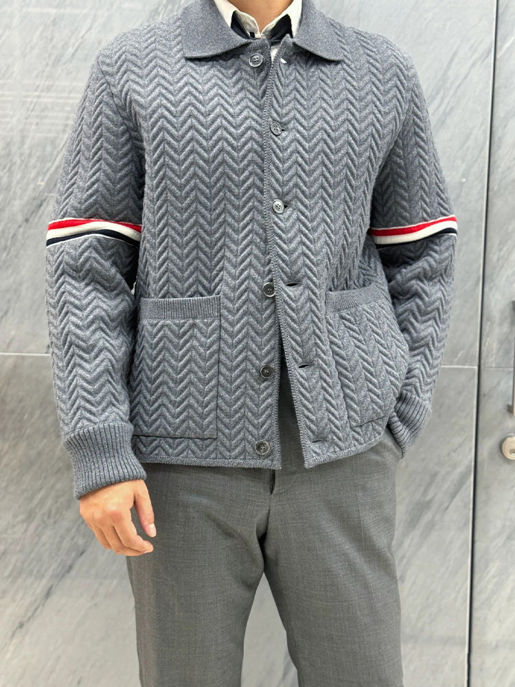 Unisex Herringbone Cardigan Jacket by Thom Browne, outerwear detail view