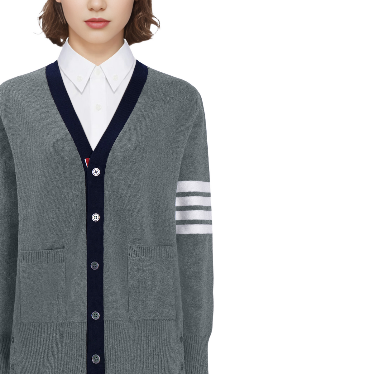 Unisex cardigan by Thom Browne, knitwear detail view