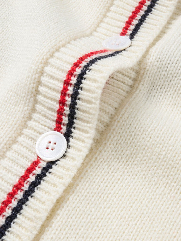 Thom Browne Style Dog Motif Polo-Collar Wool Cardigan