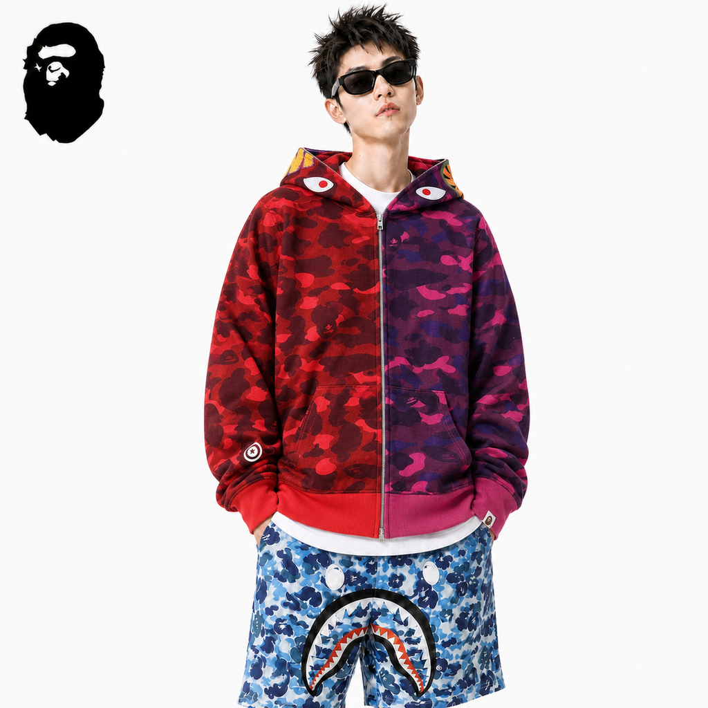 BAPE Camo Shark Spliced Zip Hoodie - Two-Tone styled on a male model