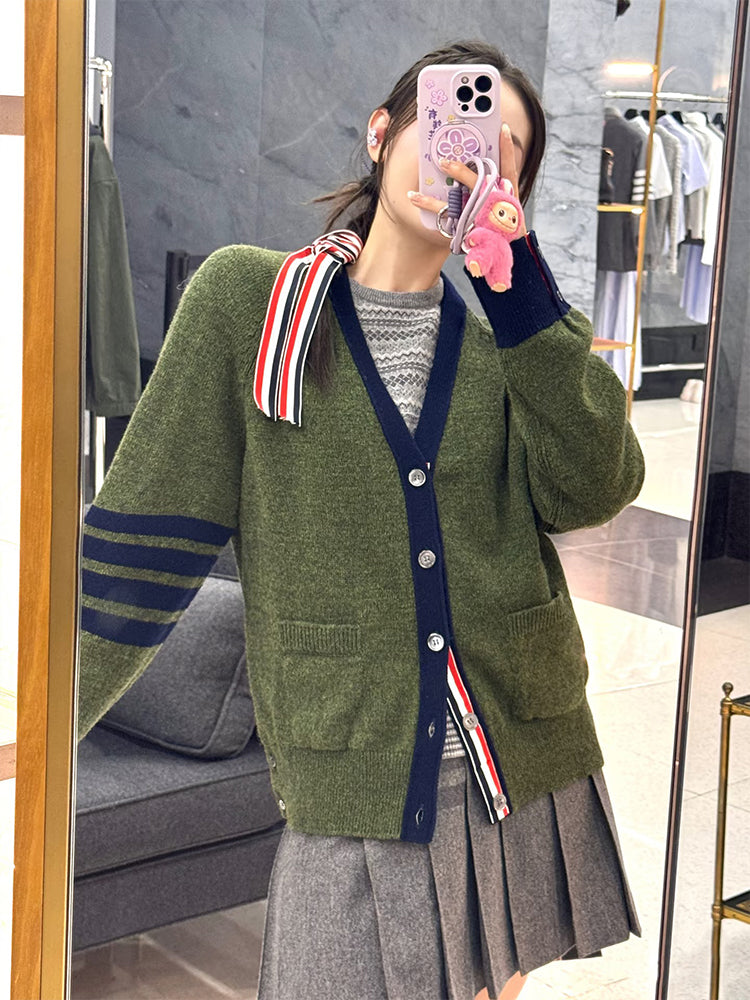 Unisex cardigan by Thom Browne, knitwear detail view