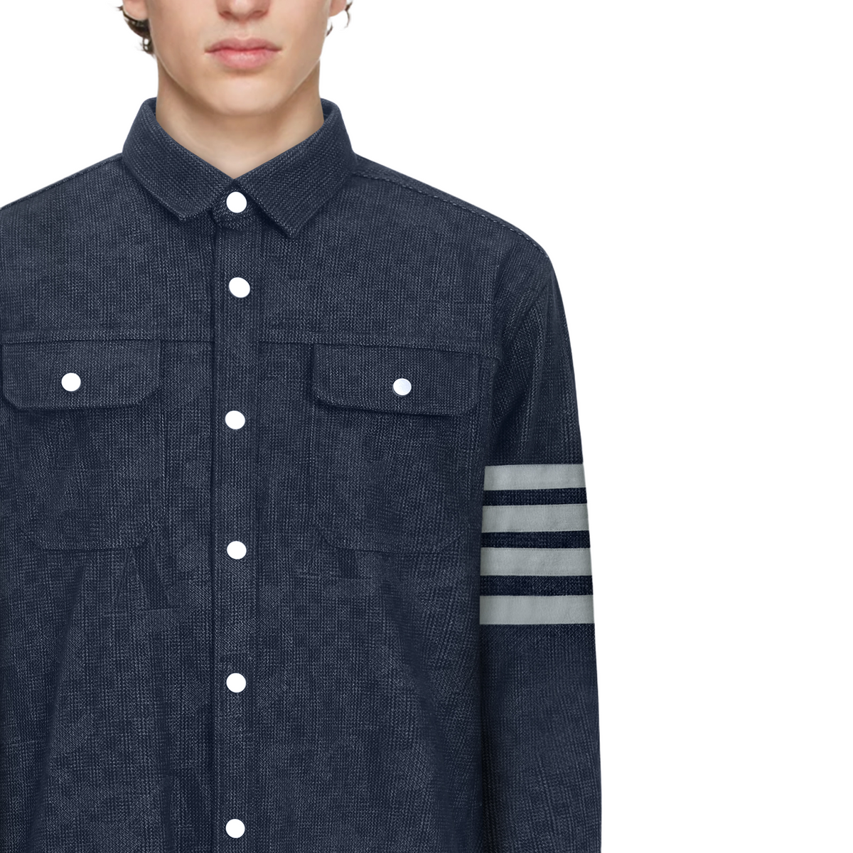 denim shirt by Thom Browne, outerwear detail view