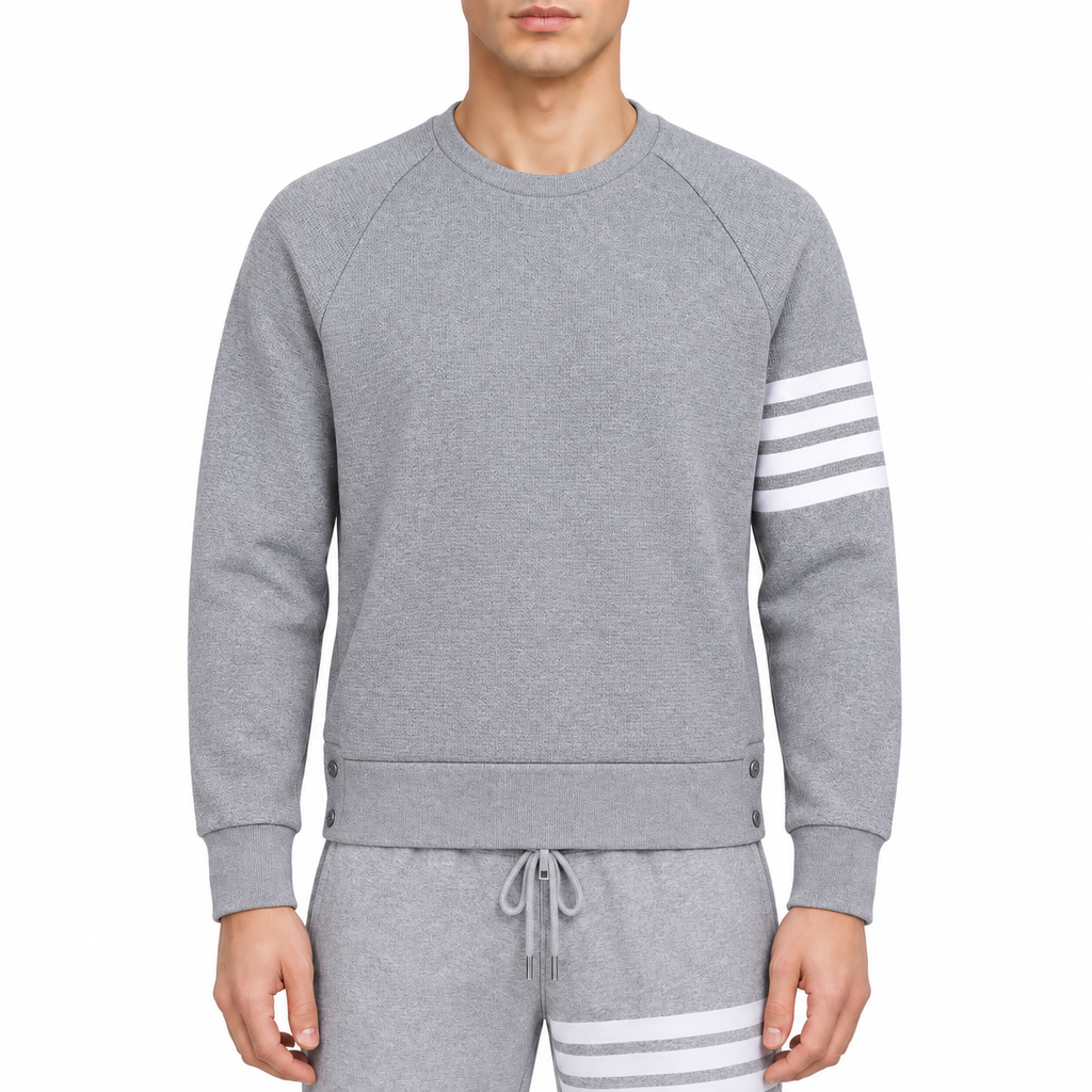 Couples Sweatshirt by Thom Browne, modeled on a pure white background